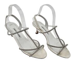 Manolo Blahnik Lucecry Size 40 US 10 Satin White Crystal Slingback Heel Sandal